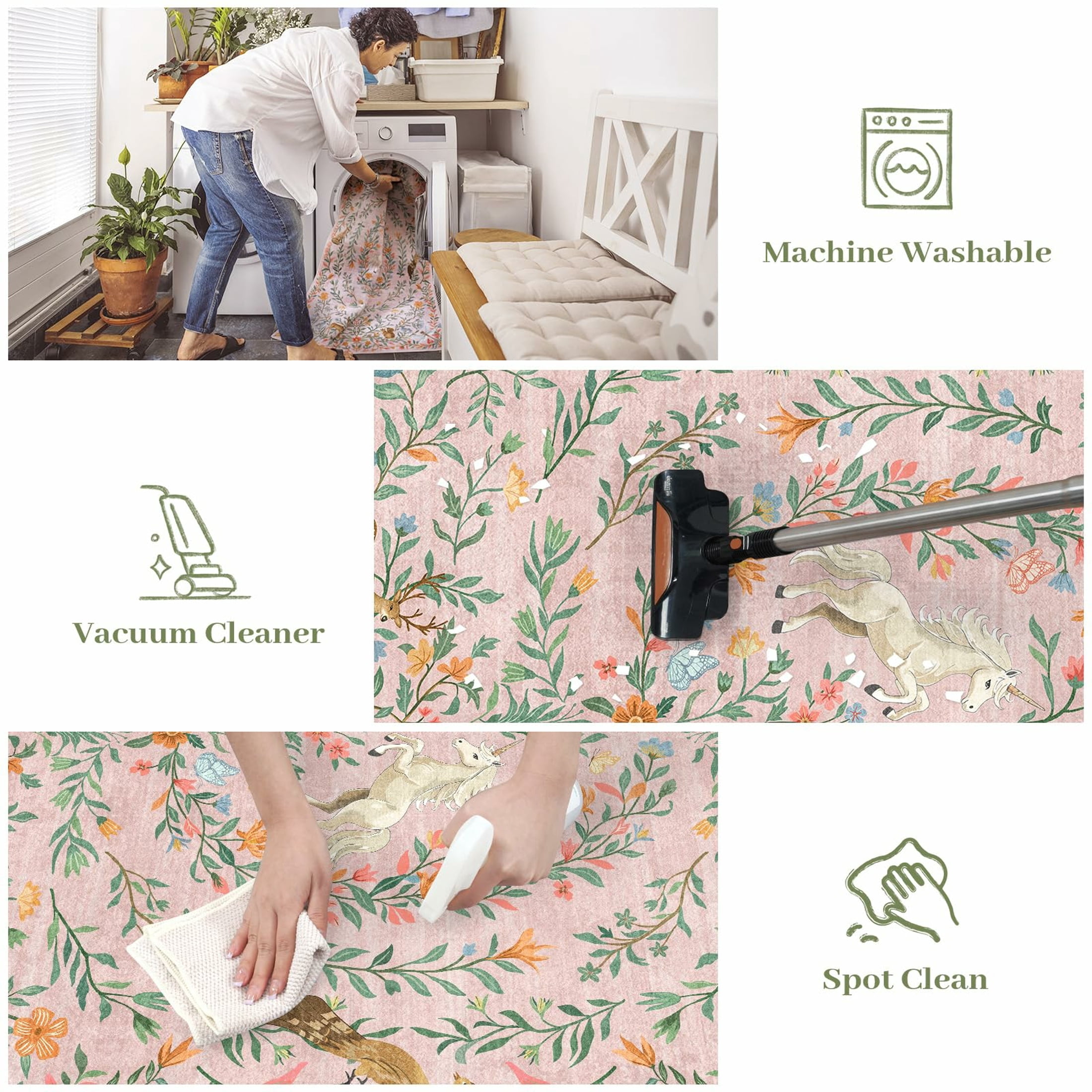 Moynesa 5'x7' Washable Fantasy Garden Area Rugs for Living Room, Vintage Botanical Unicorn Girls Rugs for Bedroom, Animal Accent Carpet for Nursery Playroom, Pink