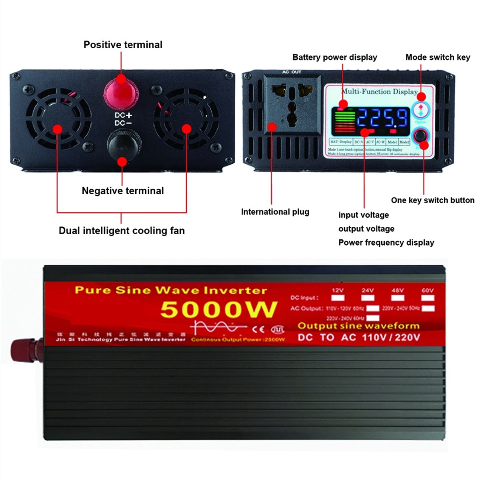 Pure Sine Wave Inverter 12V 24V 220 110 2000W 3000W 4000W 5000W Voltage Transformer Power Converter Solar Inverter ,High Conversion Efficiency