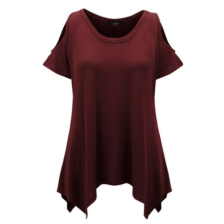 Womens Open Neck Shirt - MBJ WT1070 Womens Round Neck Short Sleeve Open Shoulder Top L WINE