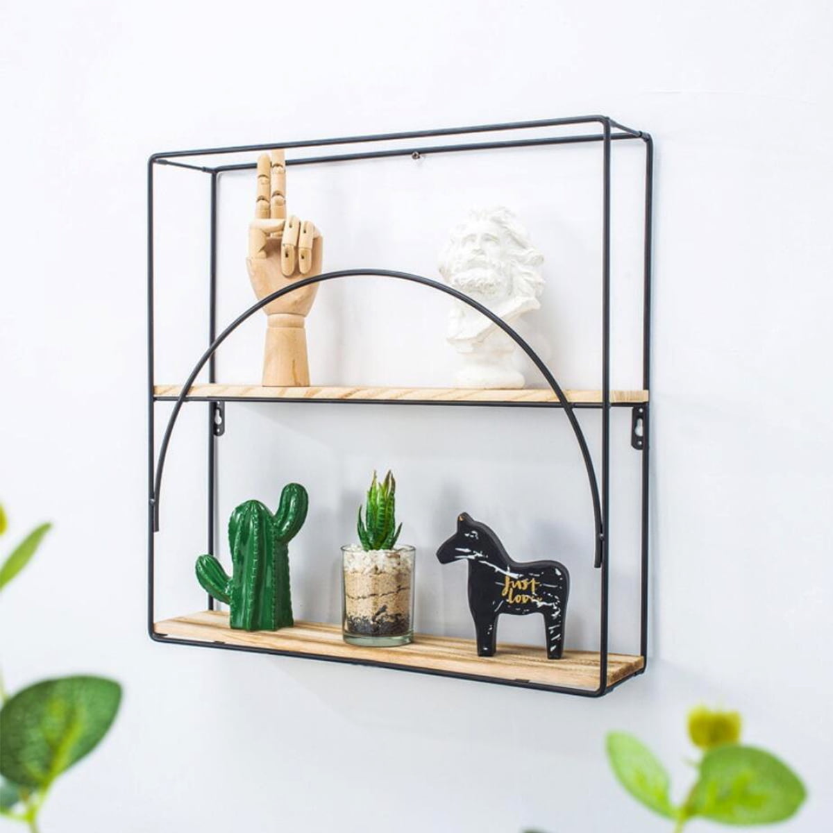 1pc Metal & Wood Grid Wall Shelf Industrial Vintage Hanging Rack