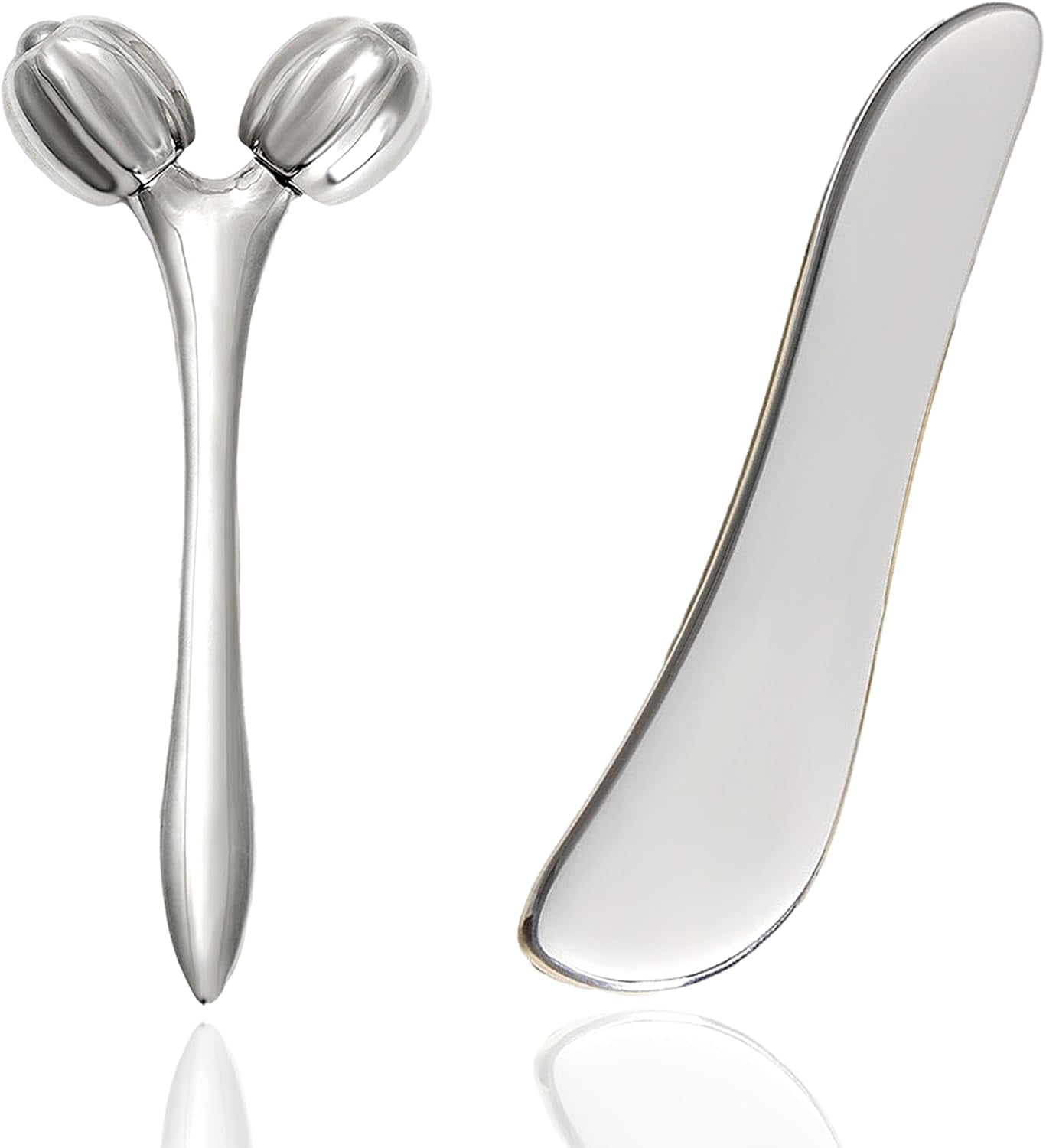 Face Roller Guasha Tool for Face, Facial Roller Massager Reduce Wrinkles in Neck Eyes, Stainless Steel Guasha Set for Face Body Massager Chin Lift Skin Tightening (Silver SType)