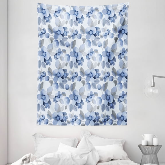 Shabby Chic Tapestry, Watercolor Paintbrush Camellia Petals Perennial Romance Sprout Feminine Artsy Print, Wall Hanging for Bedroom Living Room Dorm Decor, 60W X 80L Inches, Blue, by Ambesonne