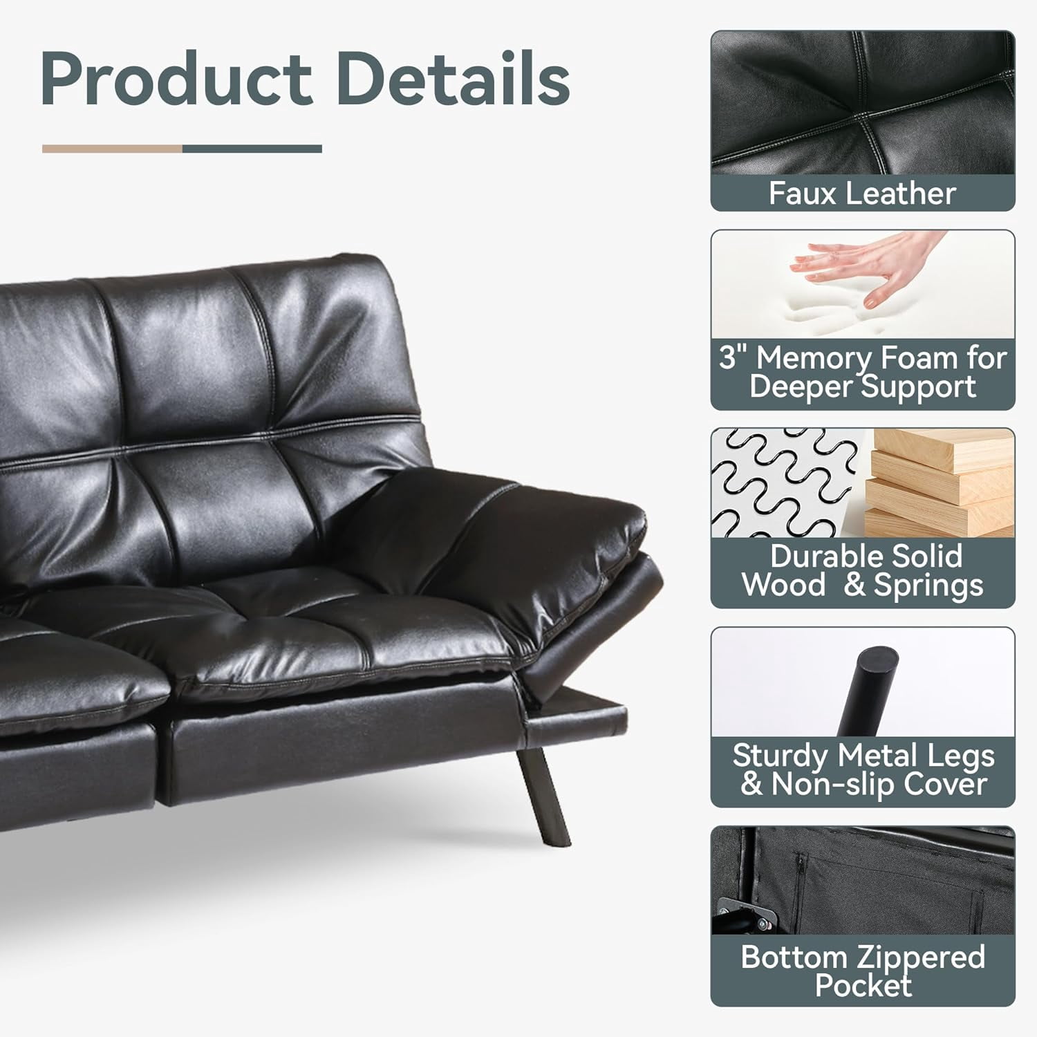 Vyfipt Convertible Futon Sofa Bed, Black Faux Leather Futon Couch with Adjustable Backrest & Armrests, Folding Small Recliner Sleeper Sofa Bed for Living Room, Apartment, Office