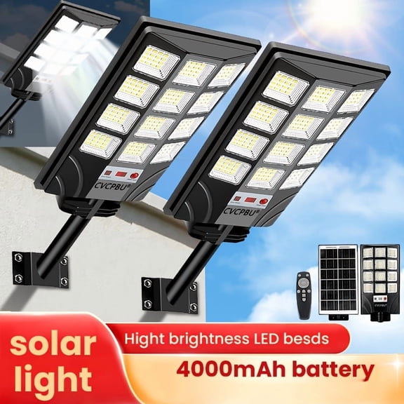 4/2-Pack Solar Street Lights - 400 LED 6500K Waterproof Sensor Floodlights with Remote, Dusk-to-Dawn for Commercial Parking Lots