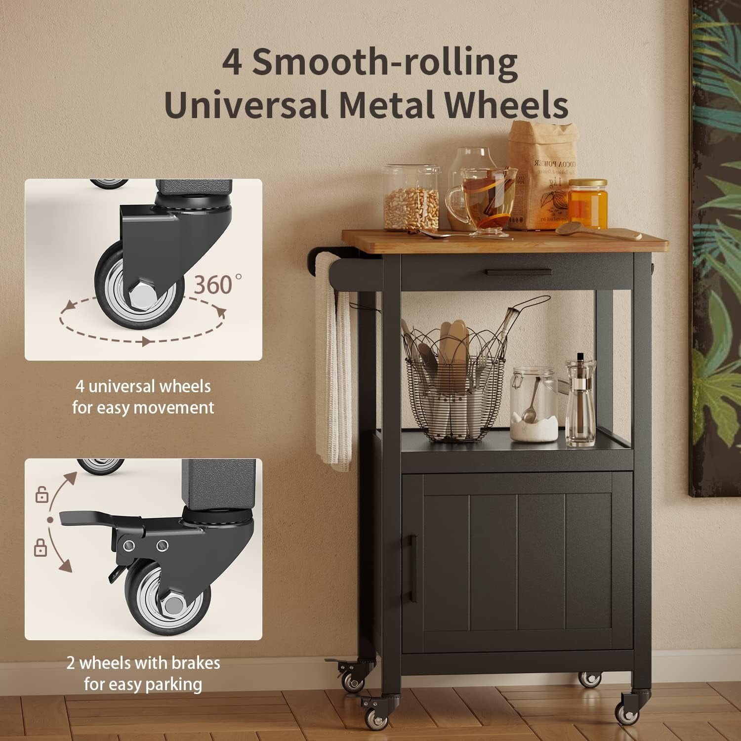 Aiho Rolling Kitchen Island Cart with Storage and Rubber Wood Countertop for kitchen, Black