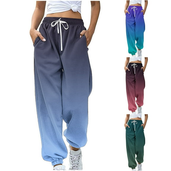Hueook Women's Sweatpants Barrel Pants Women Gradient Fashion Sports Loose Casual Wide Leg Drawstring Pocket Sweatpants Long Pants Blue M