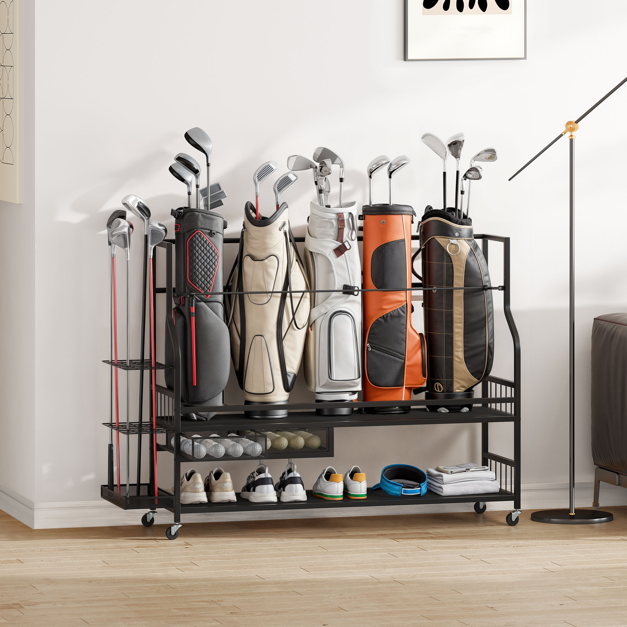 Uforic 5 Golf Bag Organizer - Garage Golf Bag Stand Holder with Wheels and Storage Rack, Black