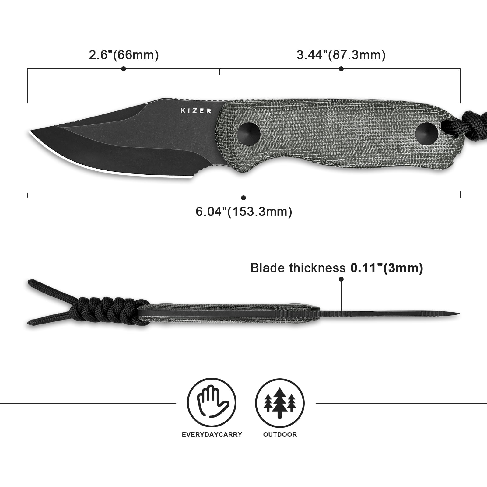 Kizer Fixed Blade Knife Drop Bear, 14C28N Steel Burlap Micarta Handle Pocket Tactical Knives, 1092A1