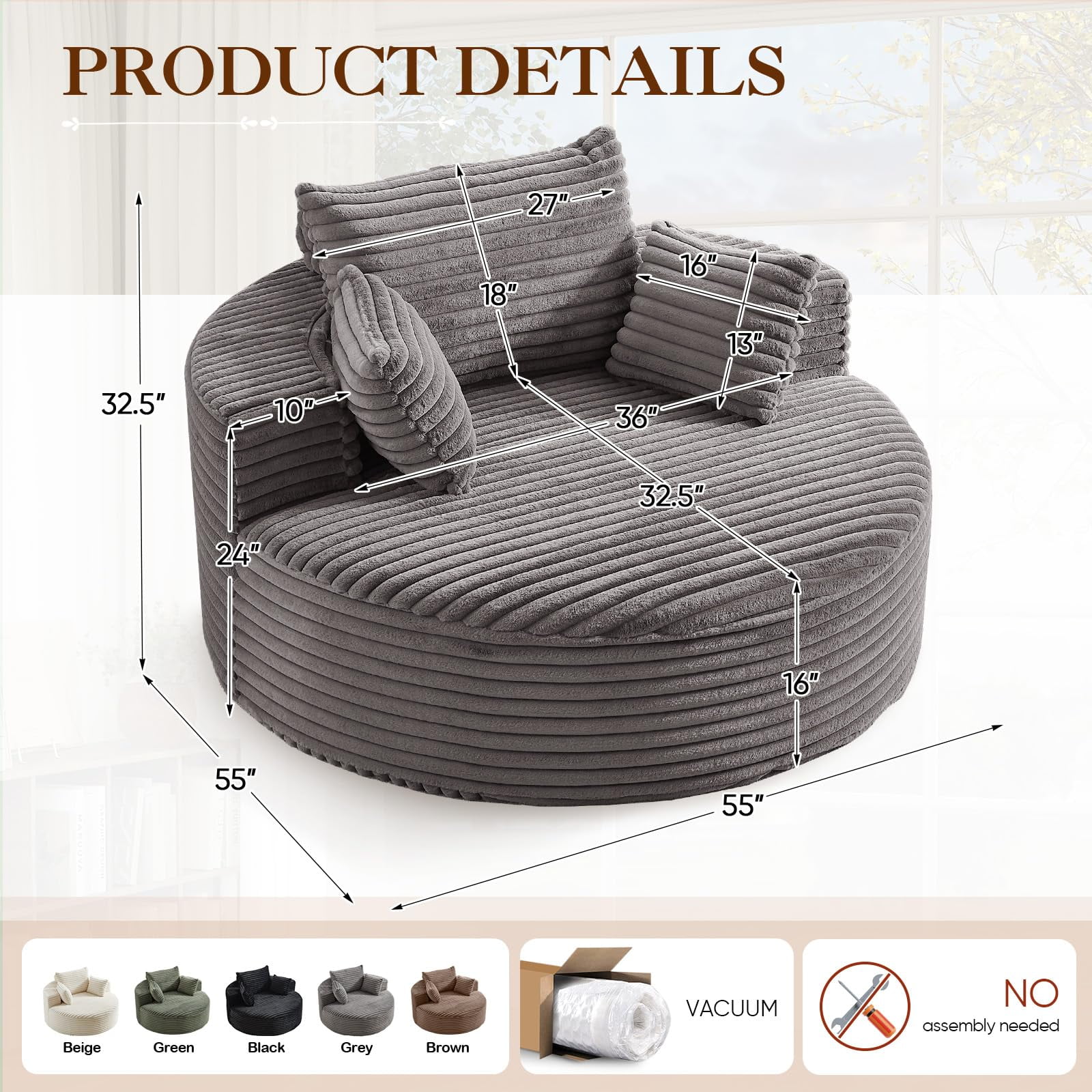 Aukfa 55" Oversized Round Chaise Lounge Chair Indoor, Corduroy Upholstered Sleeper Chair with Deep Seat & Pillows, Gray