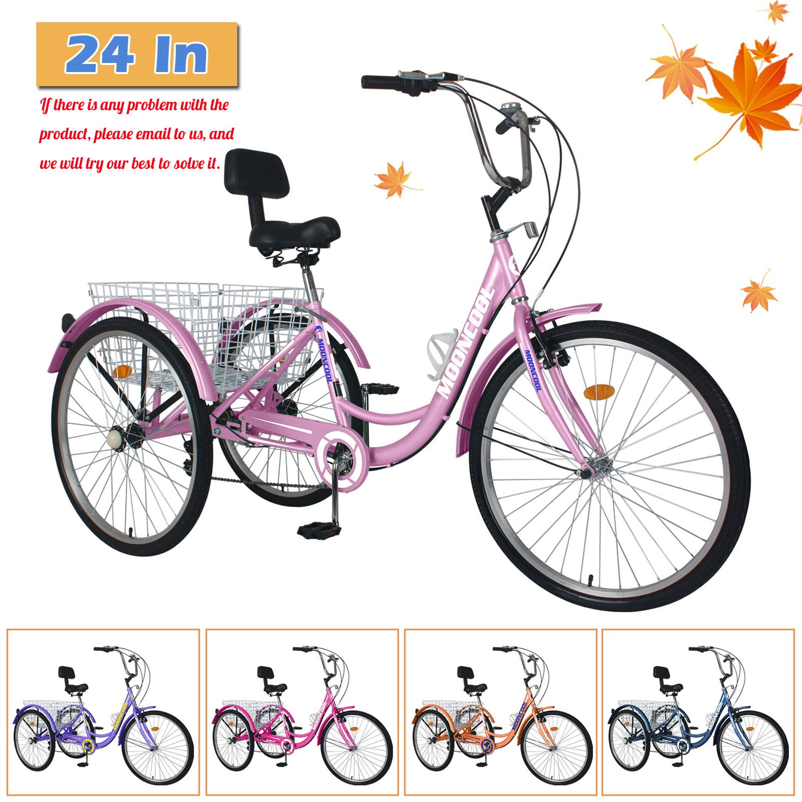 Adult Tricycle 7 Speed 24 Inch Pink Three Wheel Bike w/ Basket Great for Seniors 