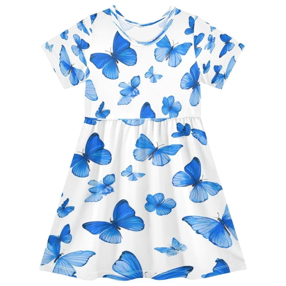 Girls Short Sleeve A-Line Dress Blue Butterfly Pattern Play Dress Sizes 2T