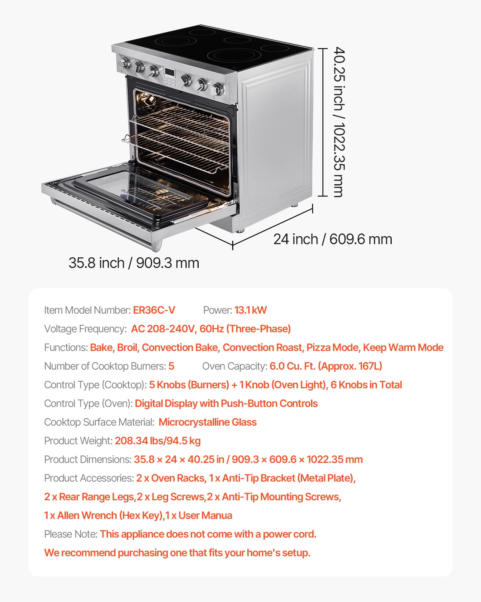 VEVOR 36 in Electric Range Oven, 6.0 Cu. Ft. Capacity Compact Freestanding Oven, Stainless Steel Kitchen Stove, with 5 Burners, Digital Screen Button Control, Easy Reach Racks for RV(No Power Cord)