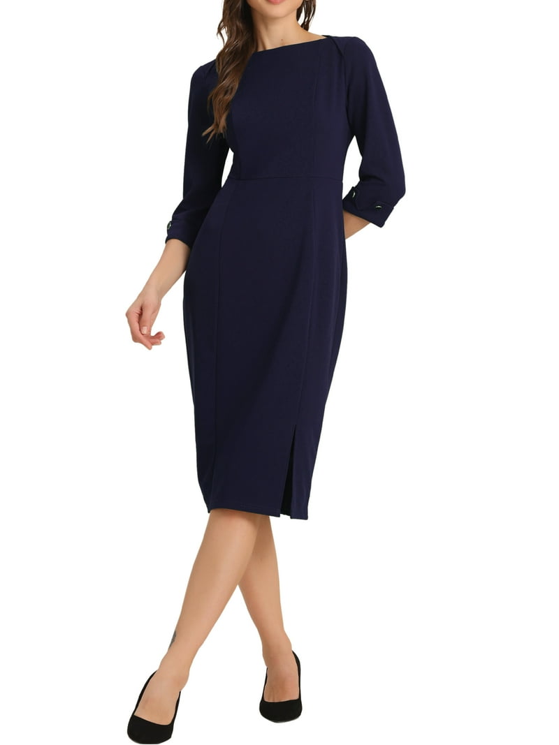 Inspire Chic Women's Sheath Dress Boat Neck 3/4 Sleeves Split Hem Wear-to-Work Midi Dresses Navy Blue XS Inspire Chic Women's Sheath Dress Boat Neck 3/4 Sleeves Split Hem Wear-to-Work Midi Dresses Navy Blue XS