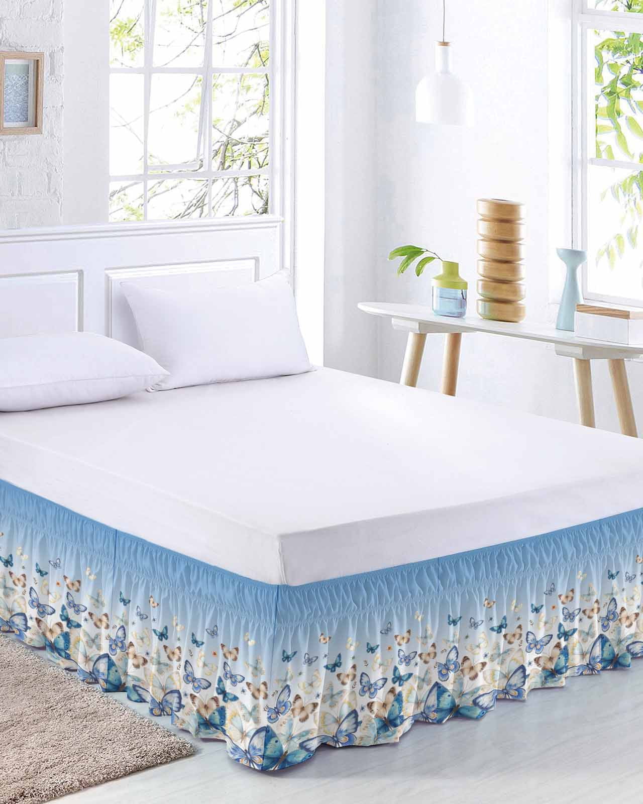 Blue Ombre Butterfly Wrap Around Bed Skirts for Queen Bed 18" Drop,Bed Skirt with Adjustable Elastic Belt Dust Ruffle Bed Valance for Bedroom Hotel Pastoral Farmhouse Butterflies Bed Frame Cover