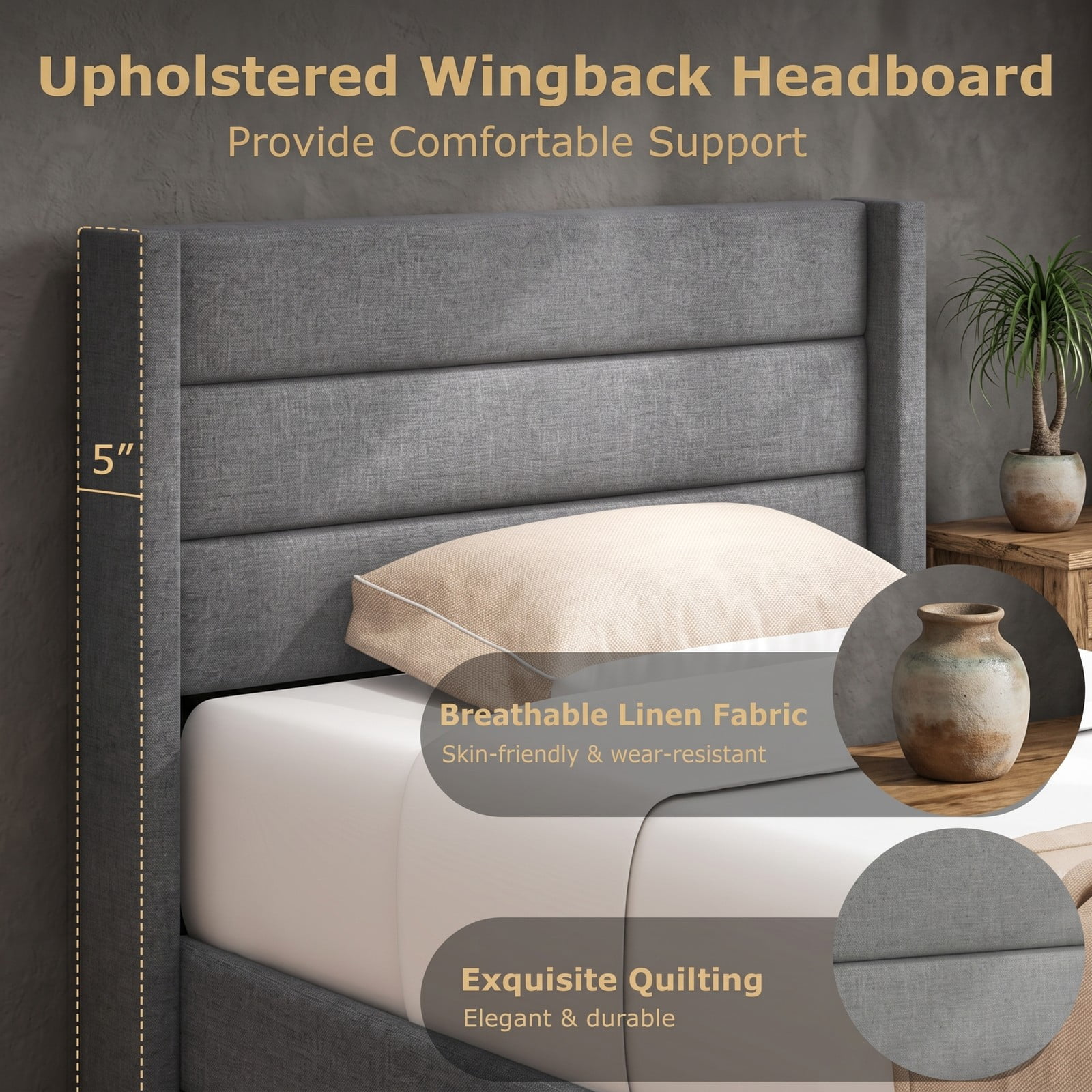 Furnibear Twin Bed Frame Linen Upholstered Platform Bed with Wingback Channel Headboard, Wood Slat Support No Box Spring Needed, Gray