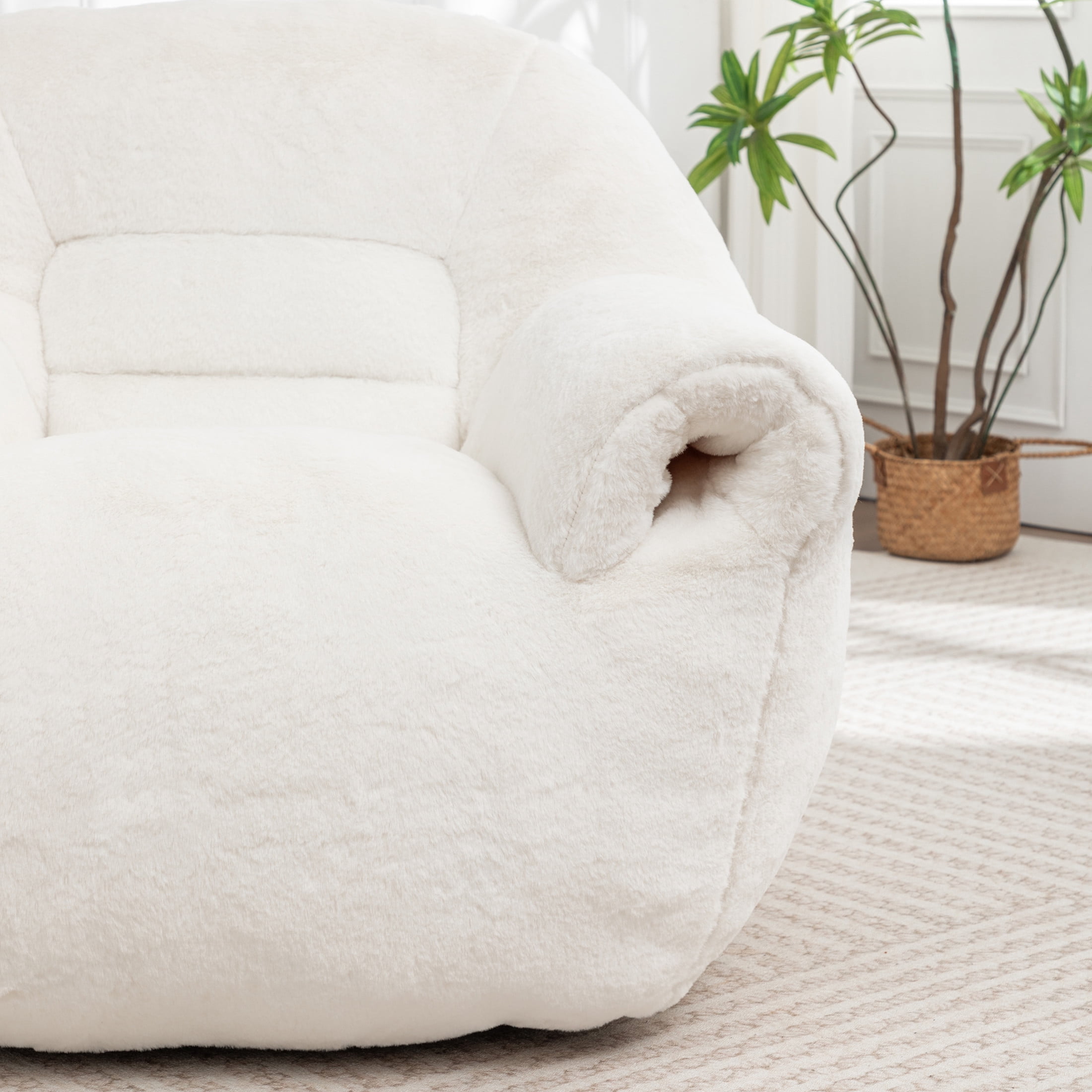 Noble House Eleanor Faux Fur Bean Bag Chair, Comfy Stuffed Floor Lounge Sofa with Back Support for Living Room, White