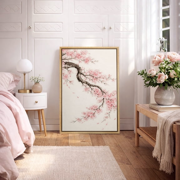 Framed Canvas Print Japanese Cherry Blossom Branch Wall Art Elegant Sakura Botanical Decorative for Living Room Bedroom - 16"x24" NATURAL