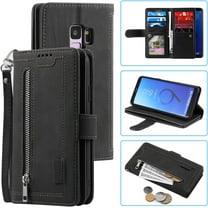 Wallet Phone Case for Samsung Galaxy S9 Plus, Retro Matte 9 Card Slots Holder Zipper Pocket Case PU Leather Magnetic Closure Kickstand with Wrist Strap Shockproof Folio Flip Case - Black