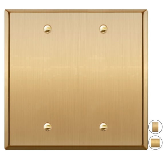 Rio Salto Metal Gold Double Blank Wall Plate, STANDARD SIZE, Blank Outlet Cover Corrosion Resistant Unused Outlets Wall Switch Two Gang Covers Child Safe Device Outlet Safety Genuine Brushed Brass