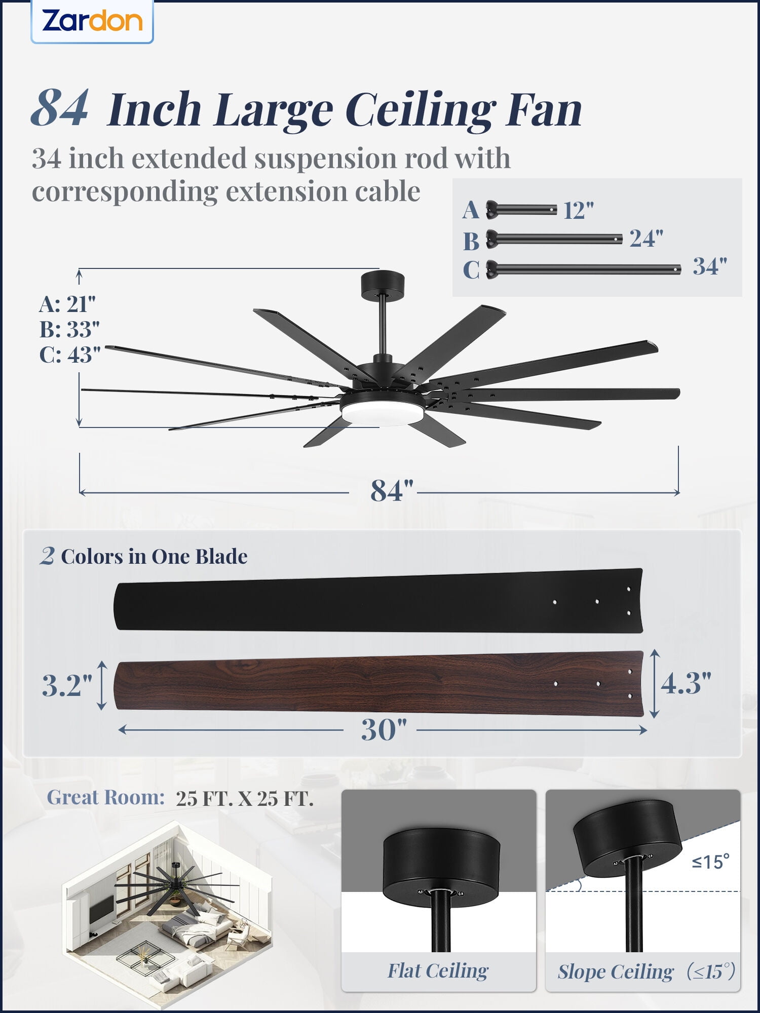 Zardon 84" Industrial Modern Ceiling Fan with LED Light and Remote, 10 Black Blades, Quiet Reversible DC Motor with 6-Speed for Large Room, Indoor