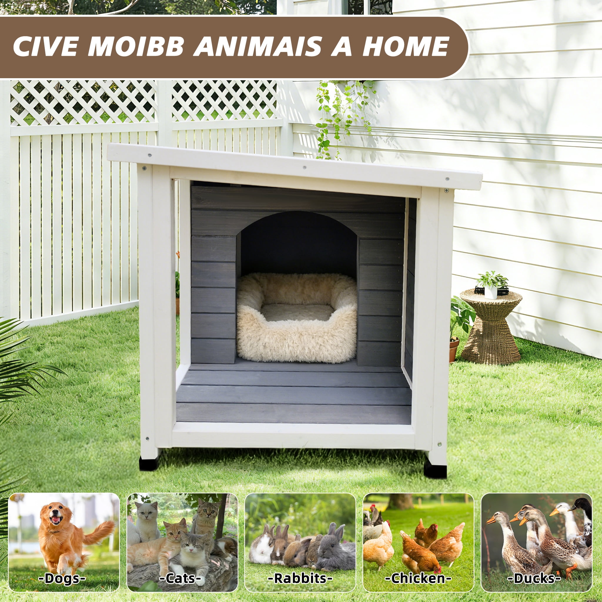 Outdoor Gray Cat House with Waterproof Roof, Ventilated Windows, and Sturdy Metal Support, Pet Shelter for Cats