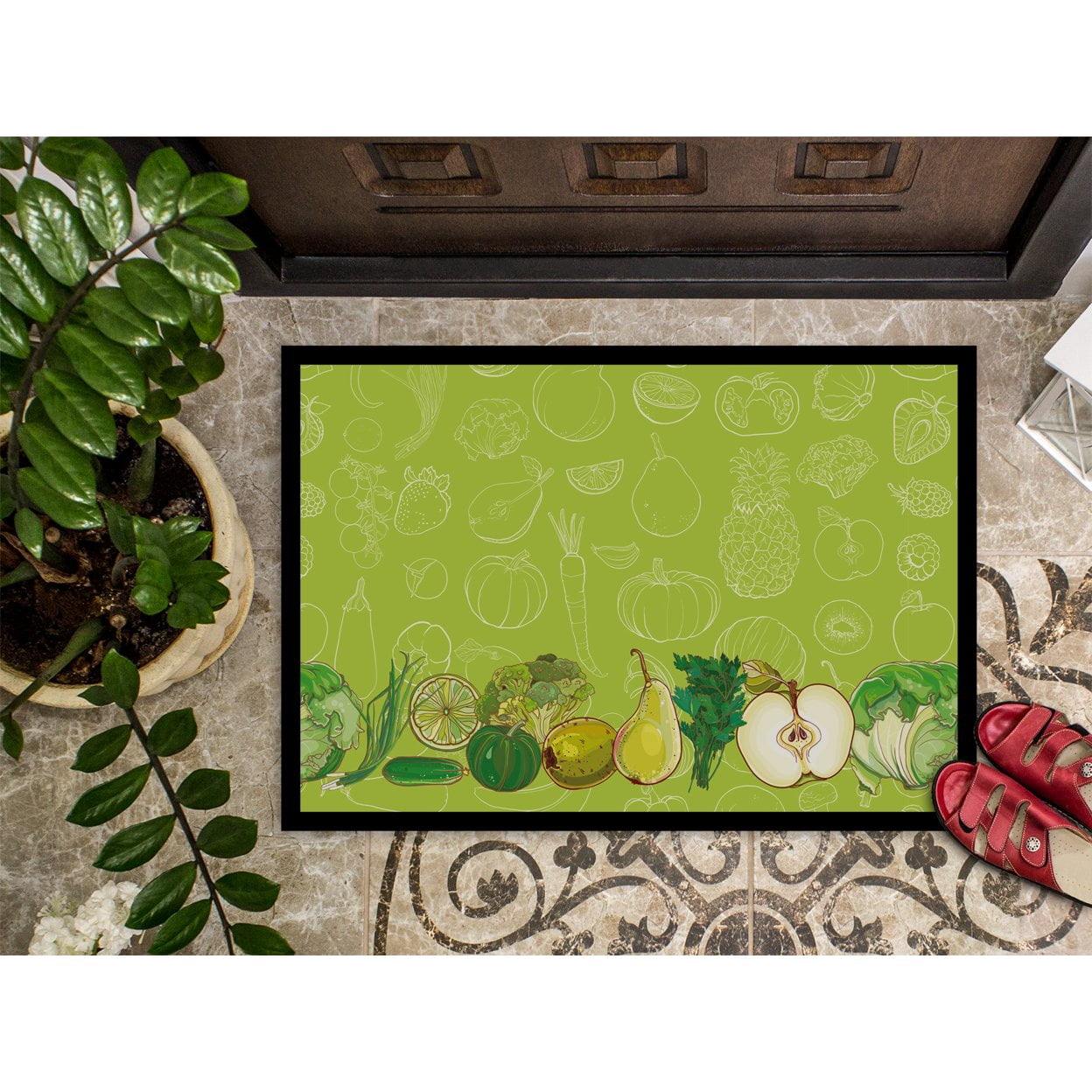 Fruits and Vegetables in Green Door Mat