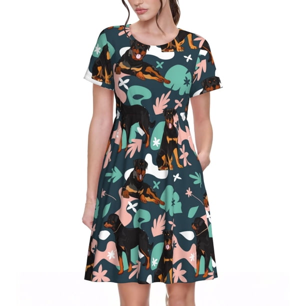 Easygdp Rottweiler para Vestido Transpirable de Mujer, Vestido Suelto de Manga Corta con Pliegues y Bolsillos para el Verano