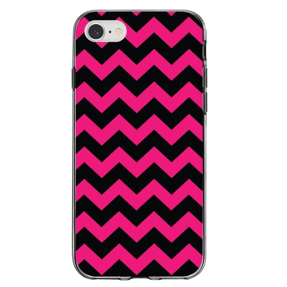 DistinctInk Clear Shockproof Hybrid Case for iPhone 7 8 SE (2020 Model) 4.7" Screen TPU Bumper Acrylic Back Tempered Glass Screen Protector - Black Hot Pink Chevron Stripes - Chevron Stripes Pattern