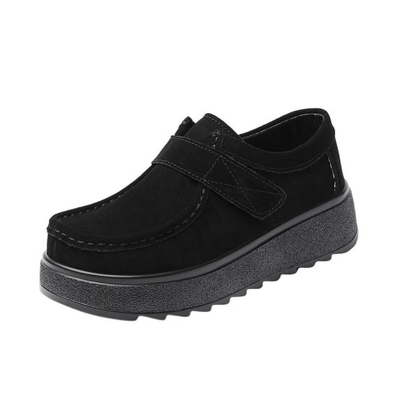 Black Womens Thick-Soled Wedge Heel Shoes With Round Toe For Comfortable Casual Wear