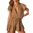 thumbnail image 2 of Summer Rompers for Women 2026 V Neck Short Sleeve Button Up Ruffle Jumpsuit Outfit with Pockets Khaki XL, 2 of 9