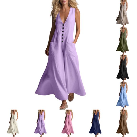 Xaqiouau Solid Womens Sleeveless Maxi Dress V Neck Button Front Casual Summer Loose Fit Long Dress with Pockets Flowy Beach Vacation Dress