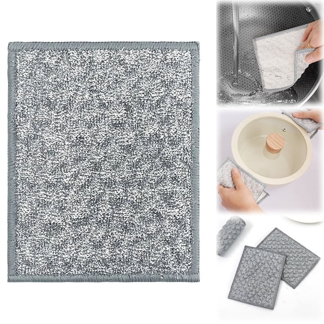 PickMe Metal Wash Cloth, a multipurpose wire sponge and dishwashing rag with a double-sided design. Features raised metal silver wires for scrubbing stubborn dirt and a sponge side for absorbing oil and messes. Non-scratch and reusable, suitable for cleaning dishes, pots, pans, countertops, and cooktops. Compact and easy to hang for storage.