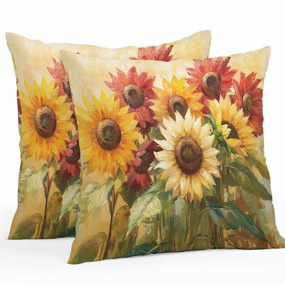 Summer Sunflowers Waterproof Outdoor Throw Pillow Covers 16''x16'' Pack 2, Pillow Cases Throw Cushion Cover with Zipper, Abstract Oil Painting Red Yellow Floral Washable Pillowcase for Poolside Sofa