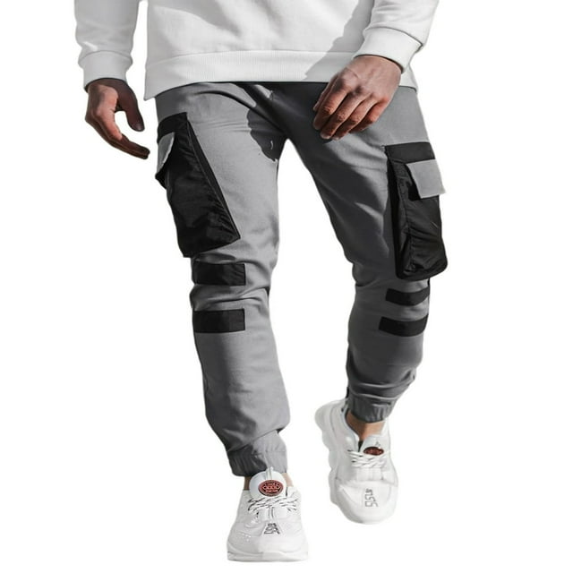 Men‘s Pockets Patchwork Cargo Trousers Color Block Casual Trousers Long Pants