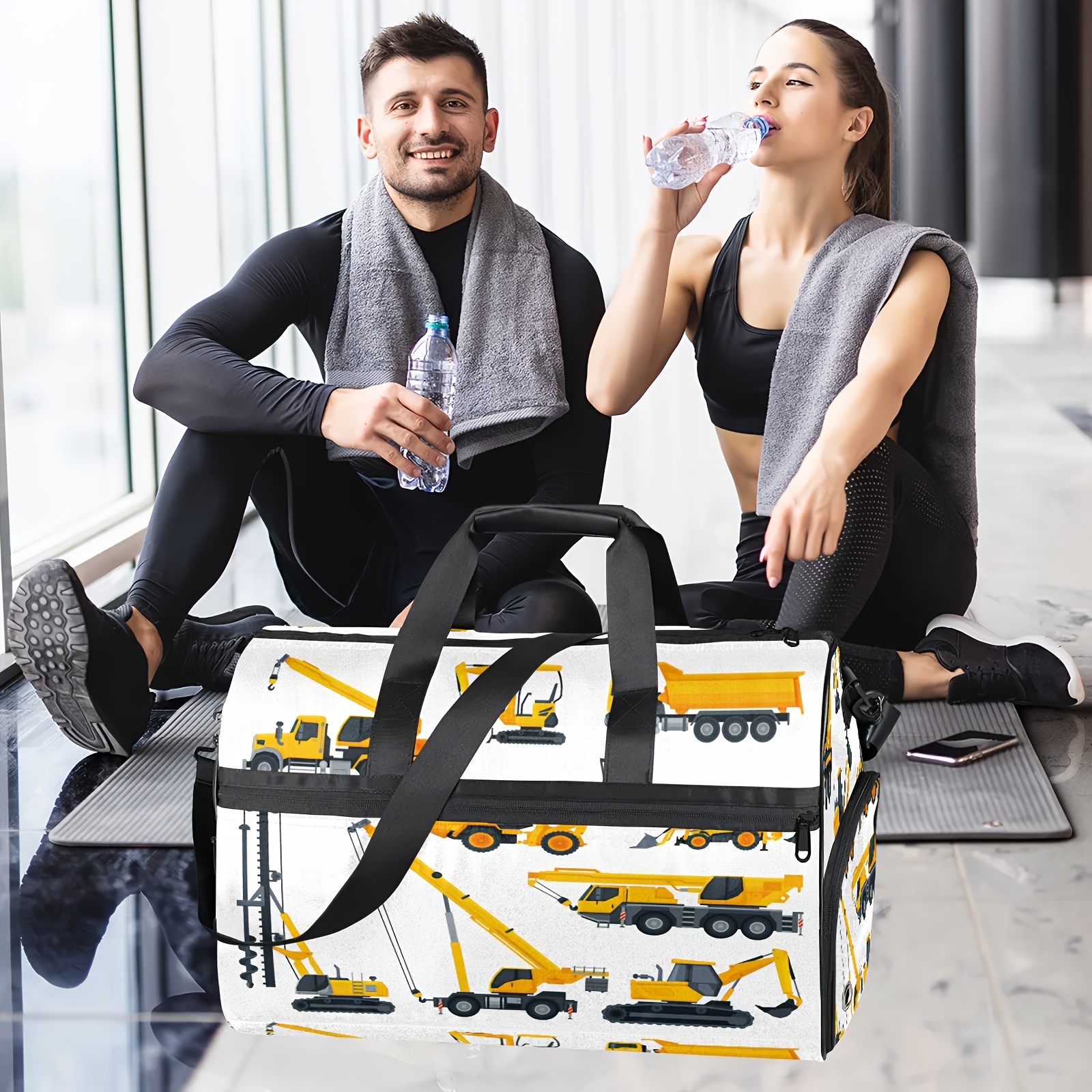 Construction vehicle pattern excavator theme fitness bag, large capacity sports training bag with independent shoe compartment, handbag