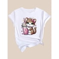 thumbnail image 2 of Camiseta para mujer verano SuaveWomen's Casual Fashion T-Shirt with Leopard Print, Floral Cat Drinking Milk Tea Graphic, Round Neck, Short Sleeve, Polyester - Machine WashableFather's Day, Mother's, 2 of 7