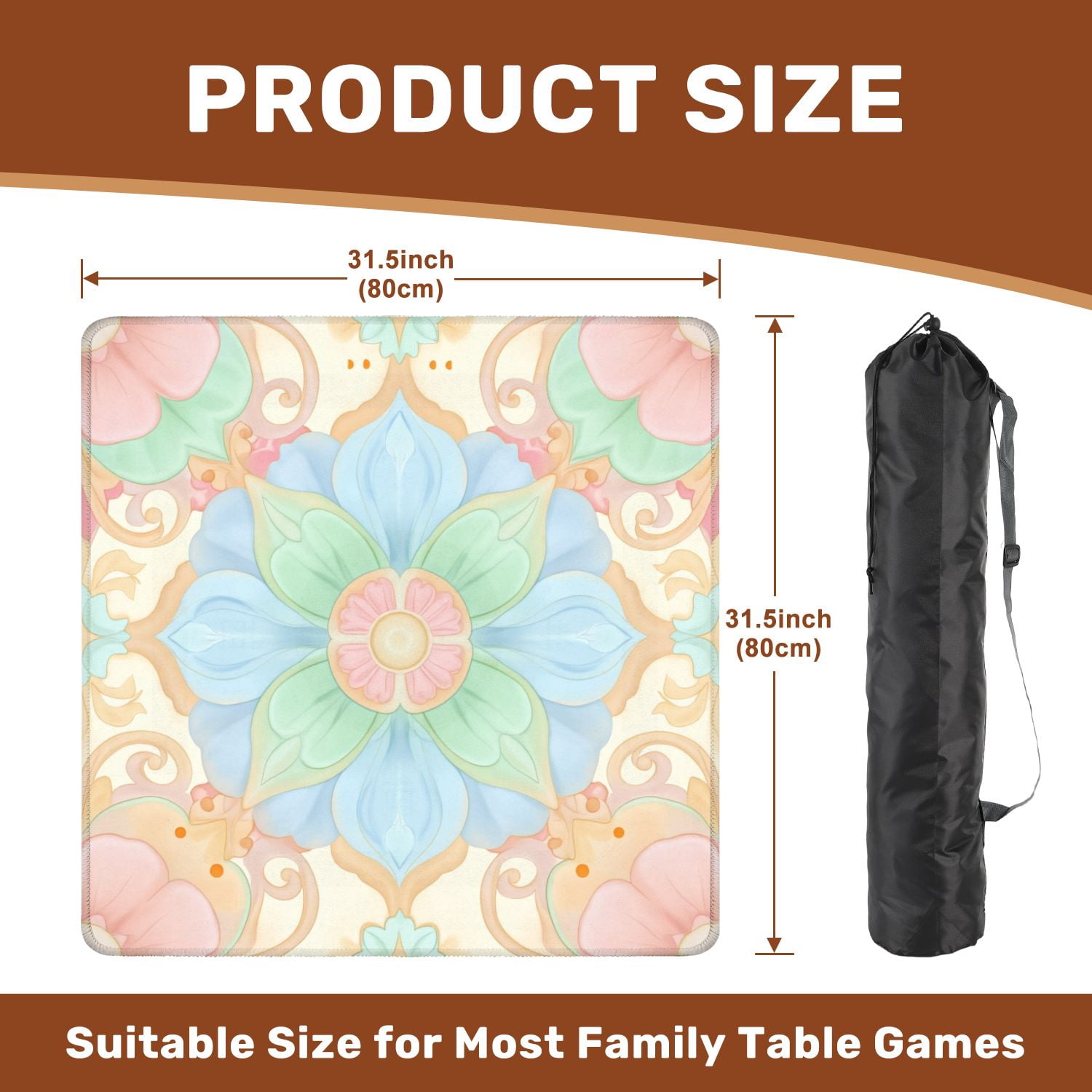 Mahjong Mat 31.5" x 31.5" Soft Pastel Floral Mandala Light Blue Pink Green Hues Non-Slip Noise Reduction American Mahjong Tiles Table Cover for Dominoes Poker Card Board Games Gift