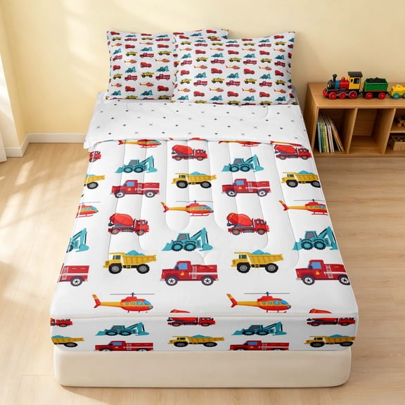 Erosebridal Pickup Truck Zipper Twin Comforter Sets with Fitted Sheet and 2 Pillowcases, Cartoon Zipper Bedding Set, Red, Reversible