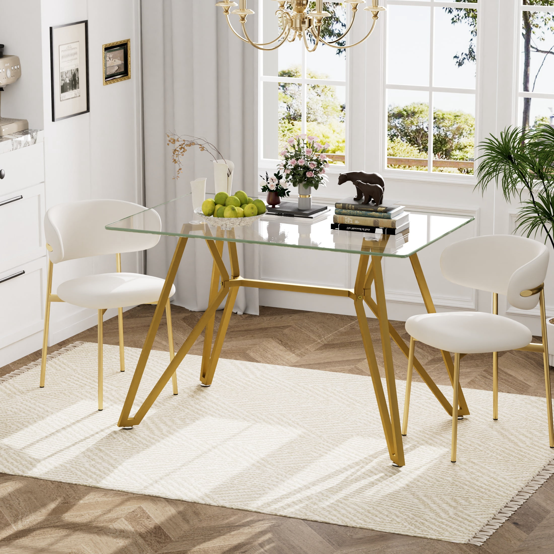 Miniyam 47.3" Rectangular Modern Glass Dining Table with Metal Legs for Dining Room and Office