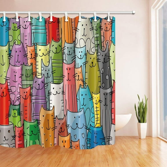 Libin Cartoon Cute Cat for Kid Polyester Fabric Bathroom Shower Curtain 66x72 inches