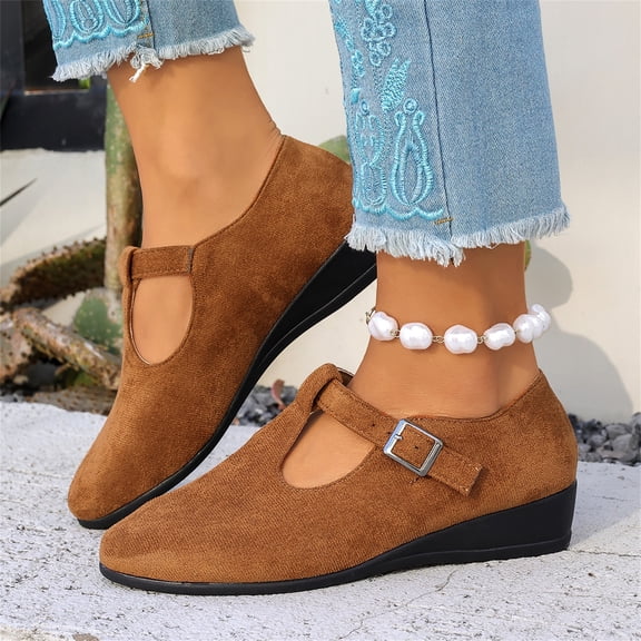 Willtoo T Strap Mary Janes for Women Faux Suede Closed Toe Mary Jane Wedges with Buckle Comfortable Dress Shoes Work Business Casual
