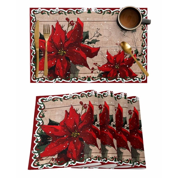 Placemats Set of 6, Christmas Poinsettia Woven Placemat, Linen Place Mats for Kitchen/Dining Tables, Winter Xmas Red Floral Botanical Wooden Washable Table Mats for Party