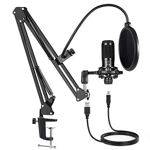 USB Condenser Microphone Bundle Kit,192KHZ/24BIT Professional Cardioid Computer Mic with Adjustable Scissor Arm Stand Shock Mount and Gain Knob for Recording,for Podcasting,Gaming,YouTube (Black)