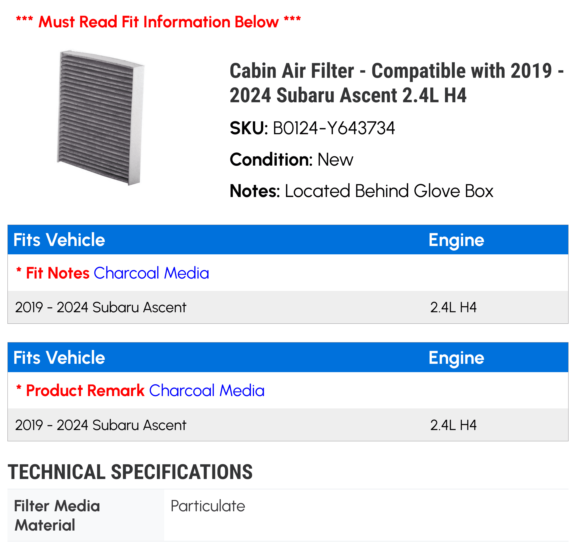 Cabin Air Filter - Compatible with 2019 - 2024 Subaru Ascent 2.4L H4 2020 2021 2022 2023