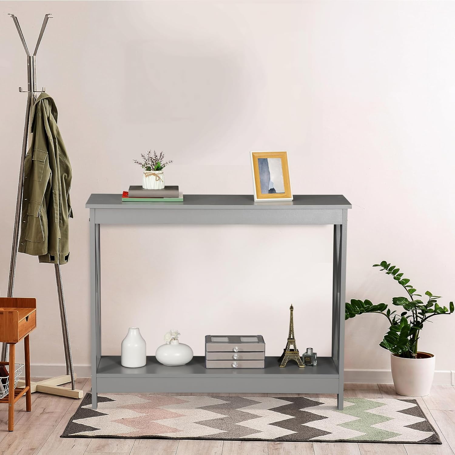 39.3" Grey Farmhouse Console Table with Open Storage Shelf, Narrow Sofa Table for Hallway