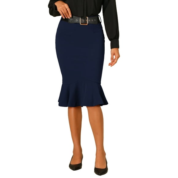 Falda de sirena con cola de pez Inspire Chic para mujer, falda midi de peplum de cintura alta, falda de trabajo y negocios con cinturón, azul profundo