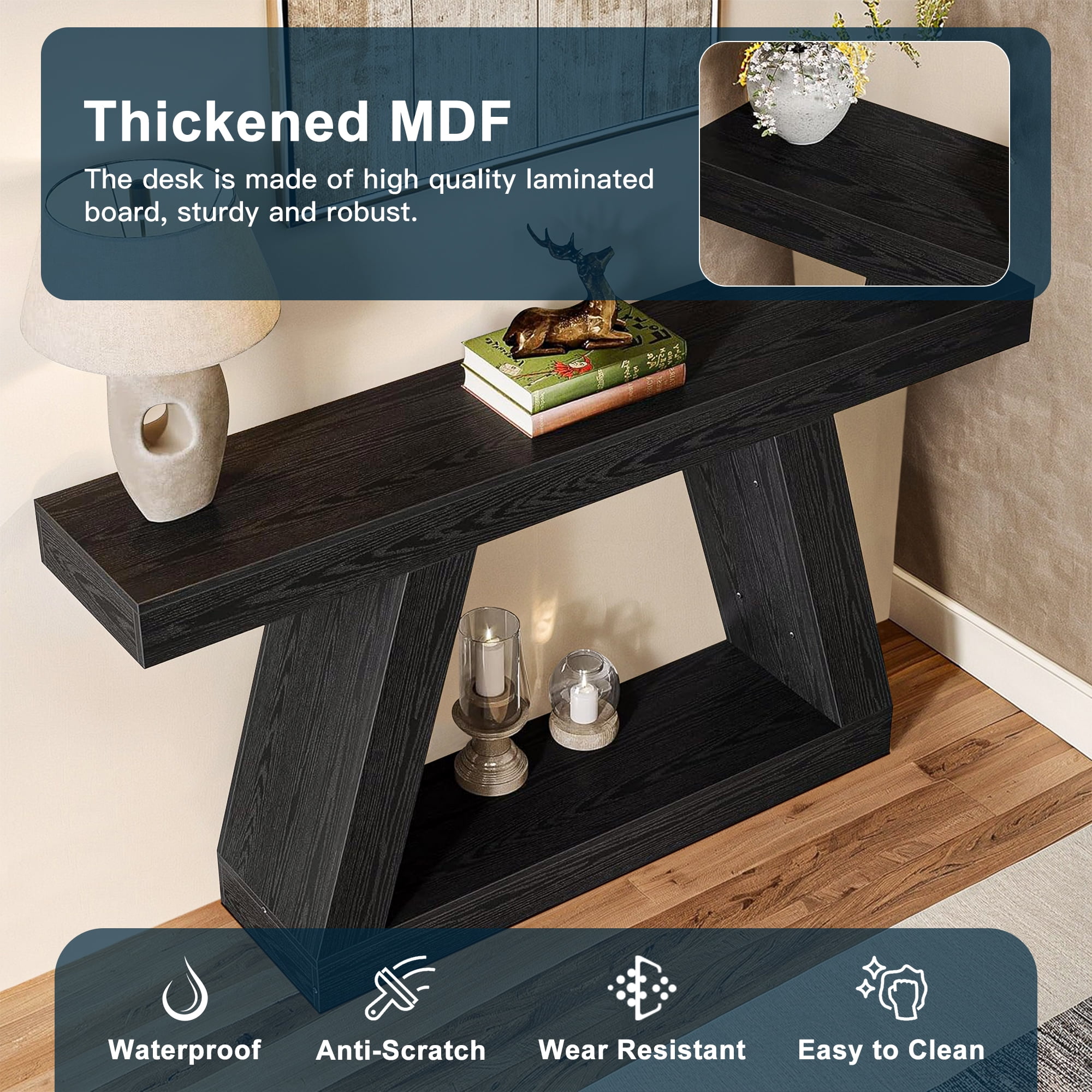 Demi Bonn Farmhouse Console Table, 55" Sofa Table with Storage for Hallway, Bedroom, Living Room, Black