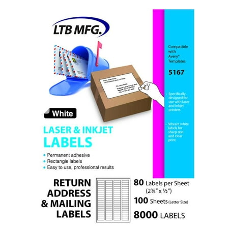 LTB MFG Laser Inkjet Printer Shipping Labels, 100 Labels, 100 White Sheets, 80 Labels Per Sheet 2 3/4