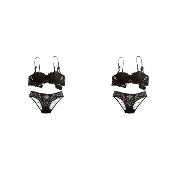 Qarigey Conjunto de sujetadores Bralette de encaje para mujer Correa ajustable transpirable Hollow-Out Push Up Ropa interior Deep-V Thin Negro 70A 2piezas