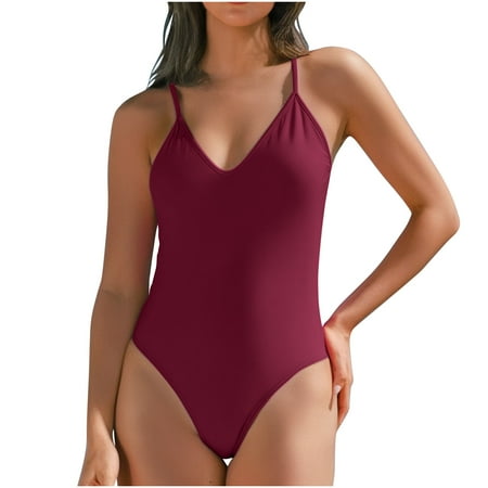 TrendVibe365 Women s Bathing Suits One Piece Bathing Suits Wine Swimsuits Thong V Neck Built in Bra Solid Swimwear Beachwear S
